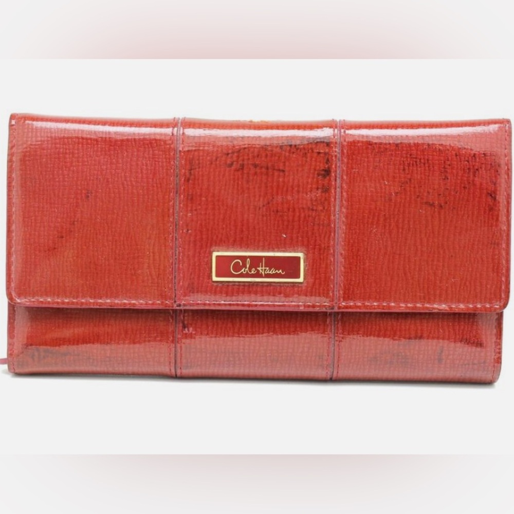 COLE HAAN Red Patent Leather Bifold Snap Flap Credit Card Wallet Clutch - Picture 3 of 11